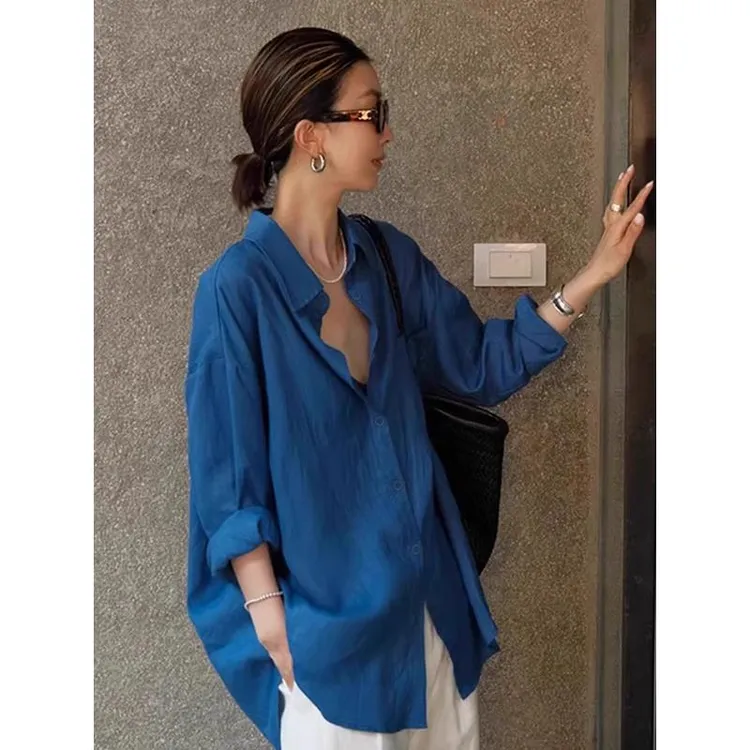 高级感亚麻防晒长袖衬衫松弛感外搭开衫外套薄款宽松棉麻蓝色衬衫