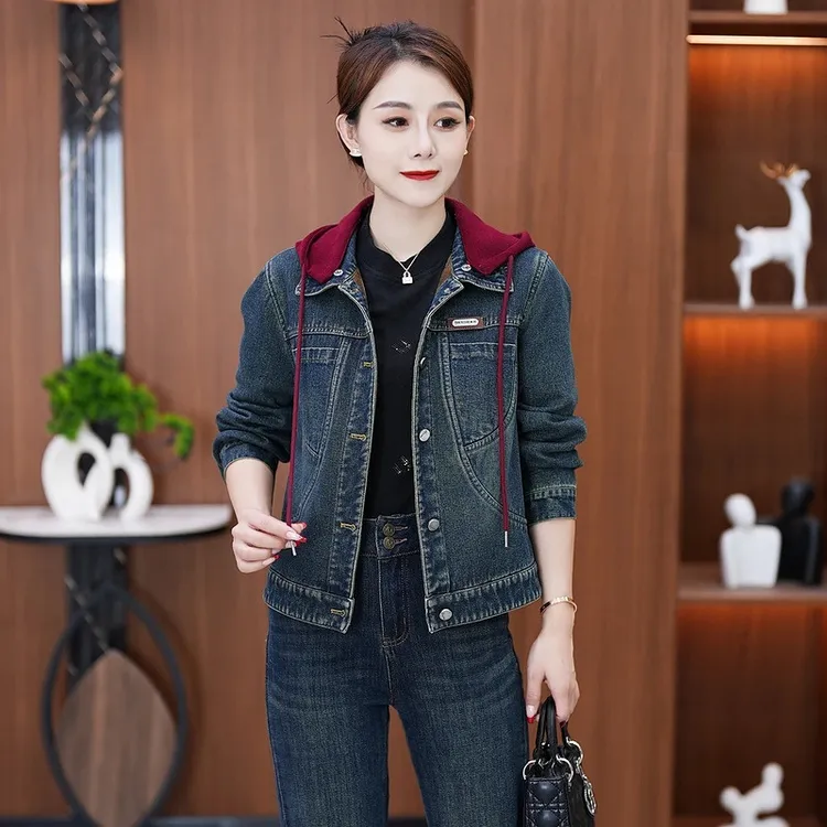 女秋冬加绒加厚款短外套外套冬季复古秋季连帽短款