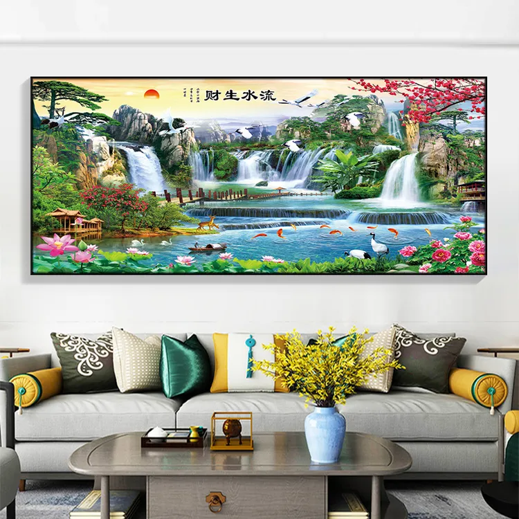 农村中堂山水挂画2025新款客厅装饰风景沙发背景墙壁流水生财字画