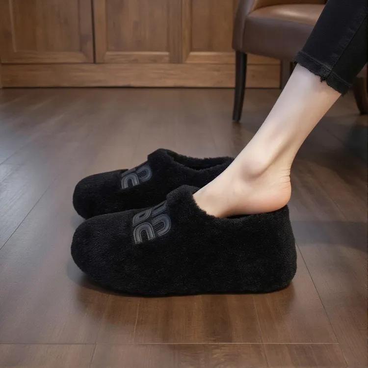 羊羔绒厚底毛毛鞋女外穿2025新款秋冬复古字母加绒保暖防滑豆豆鞋