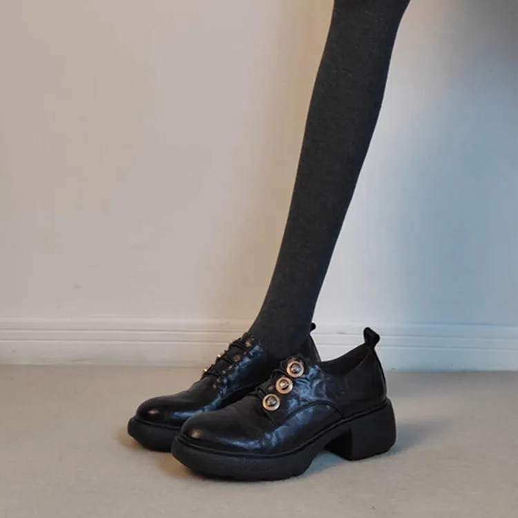 羊皮版~厚底纽扣黑色圆头百搭小皮鞋女秋季英伦风复古乐福鞋单鞋