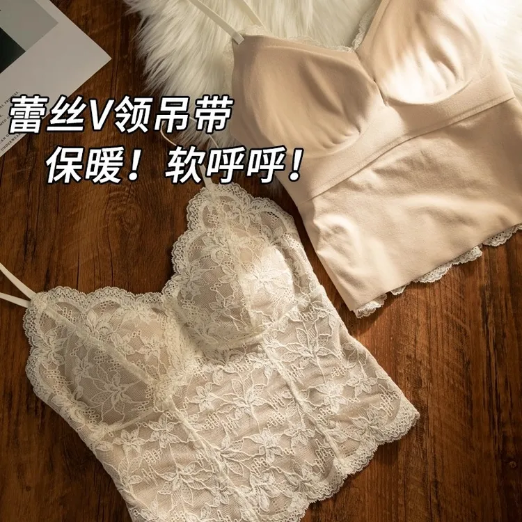 法式蕾丝磨毛保暖背心女2025新款带胸垫内搭外穿一体吊带打底上衣