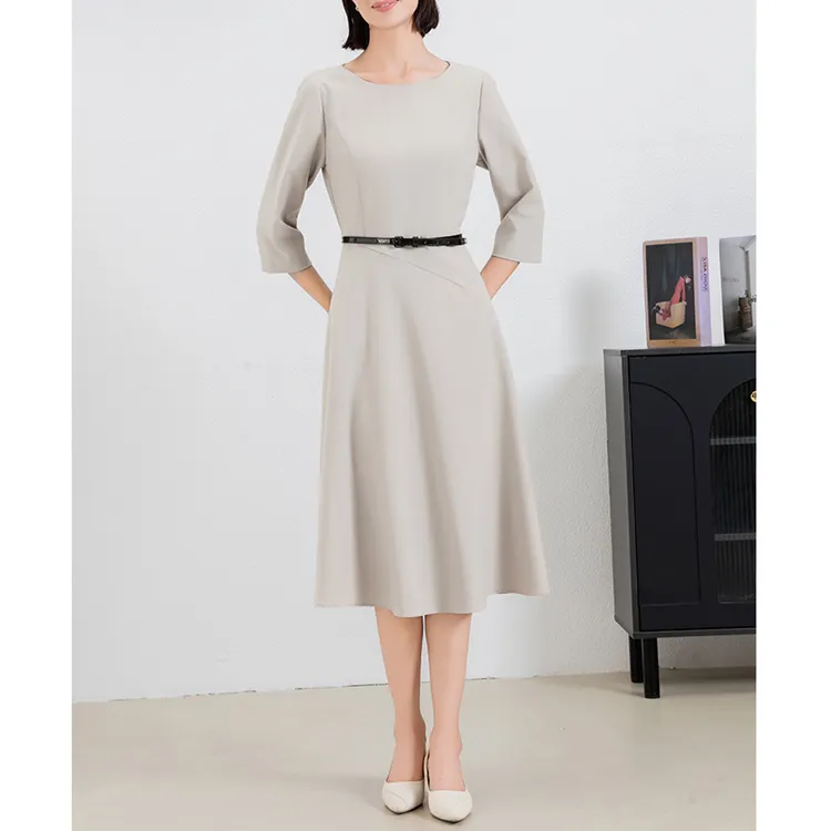 28329春夏季气质白色连衣裙长裙高级感七分袖职业装通勤女装