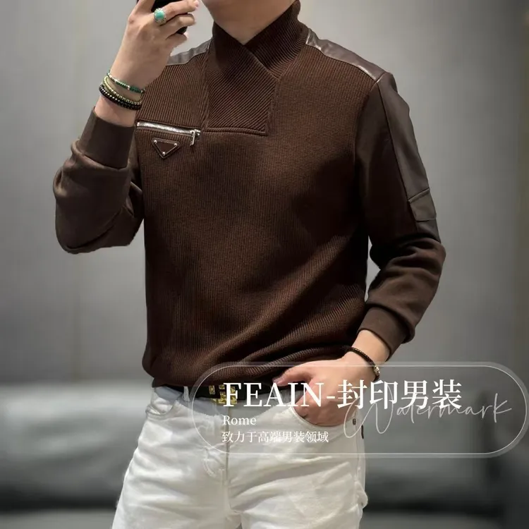 高端定制立体交叉领设计莫代尔粗针织拼接加绒男士卫衣9188