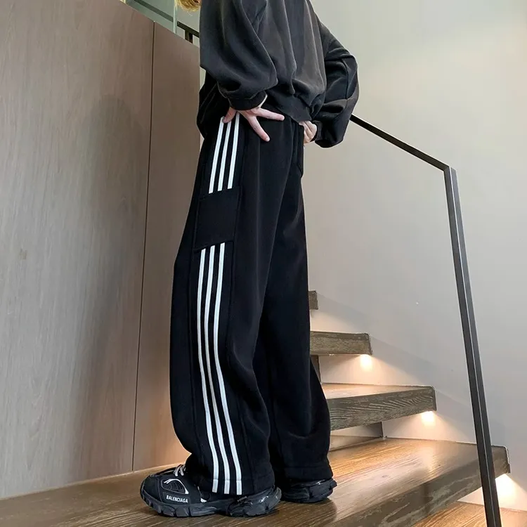 Cebrodz条纹拼接摇粒绒裤子男冬季加厚保暖休闲裤三条杠加绒卫裤