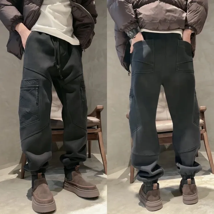 冬季男士加厚保暖束脚休闲裤工装风拉链时尚潮牌多口袋潮流长裤潮
