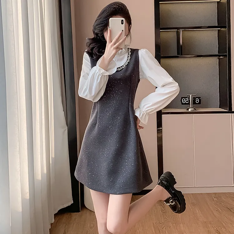 气质闪耀拼接花边领长袖衬衫两件套背心连衣裙女2025春灰色黑色