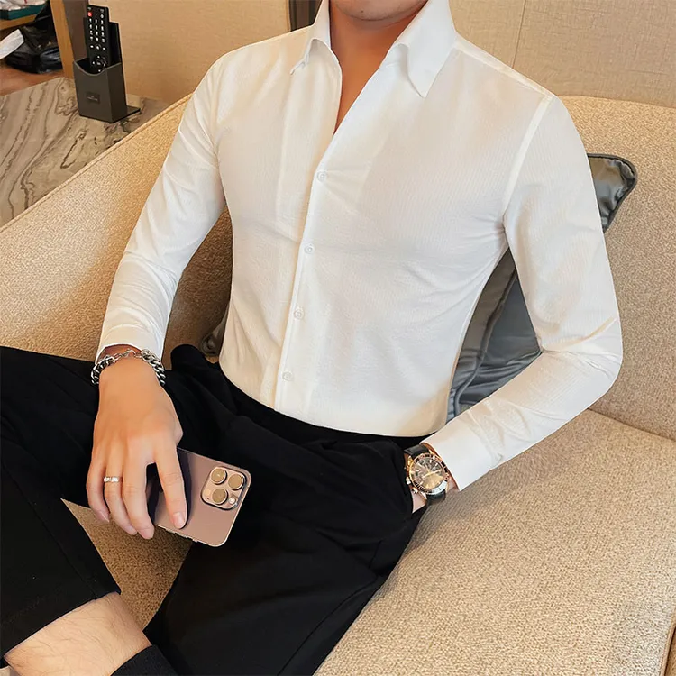 暗条纹长袖衬衫男款爆款2025新款春秋商务时尚百搭大尖领衬衣男