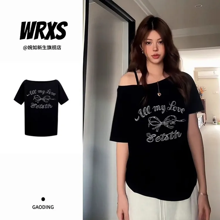 【婉如新生】美式斜肩短袖女夏季蝴蝶结印花松弛感露肩t恤辣妹上衣