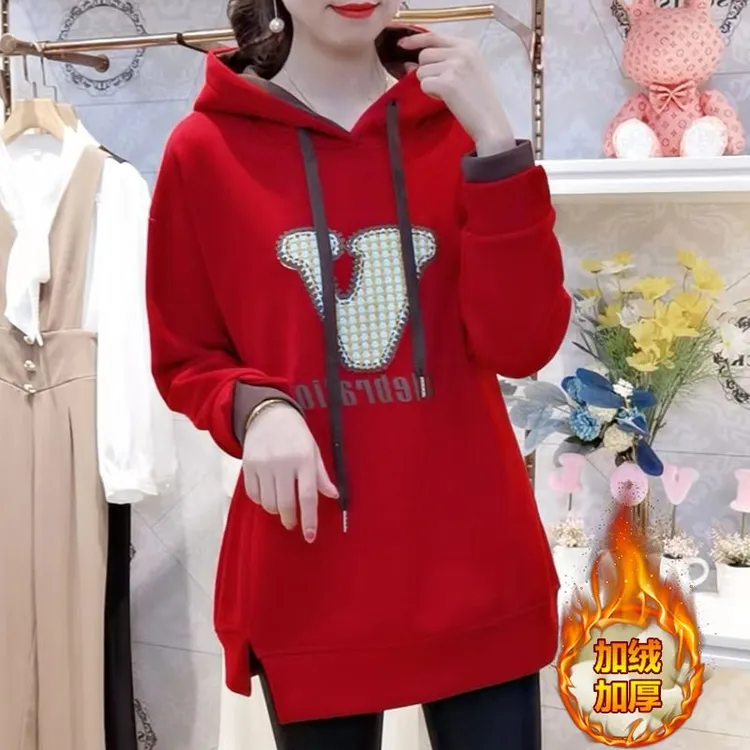 中长款遮屁股连帽套头卫衣秋冬加绒保暖T恤裙宽松显瘦上衣打底衫