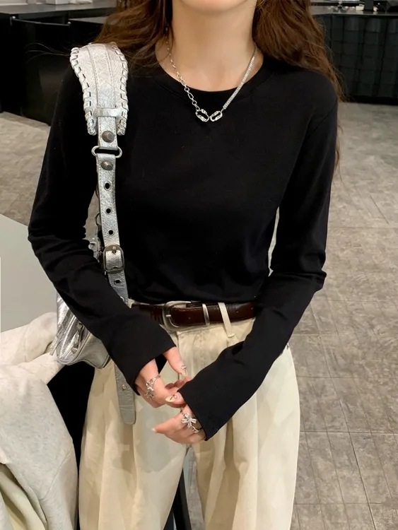 黑色百搭t恤女长袖秋冬新款圆领修身打底衫内搭显瘦时尚洋气上衣