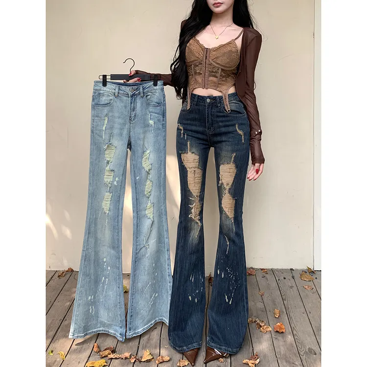 纯欲破洞涂鸦微喇牛仔裤女2025秋季新款高腰修身显瘦辣妹个性长裤
