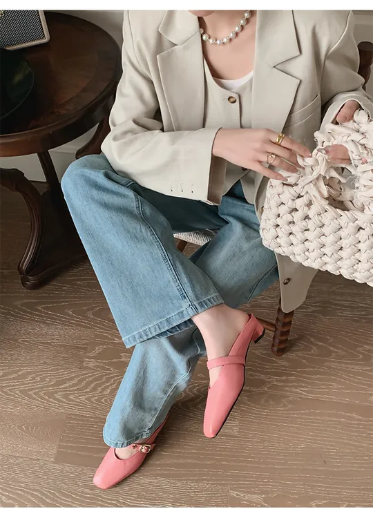 2025年夏季新款法式真皮包头半拖鞋低跟平底手工制作