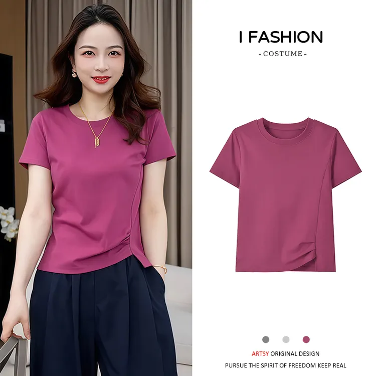 高含棉高级感时髦褶皱拼接短袖t恤女2025年夏季新款简约百搭上衣