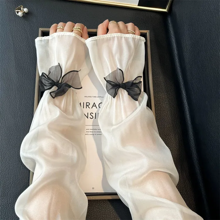 夏季高档网纱蝴蝶结防晒冰袖户外开车骑行防紫外线喇叭口防晒袖套