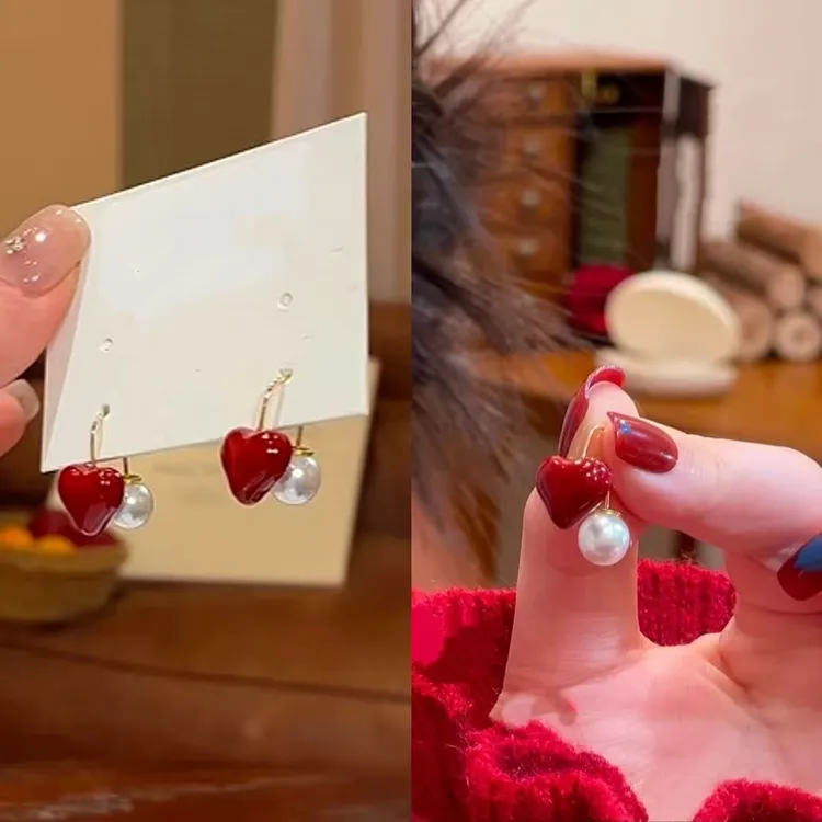 红色爱心珠珠简约耳环女2026新款爆款高级感百搭气质耳饰轻奢小众商品图
