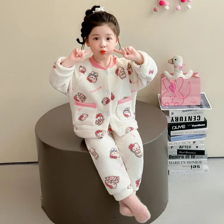 女童睡衣法兰绒秋冬季2025新款儿童KT猫套装女宝珊瑚绒开衫家居服