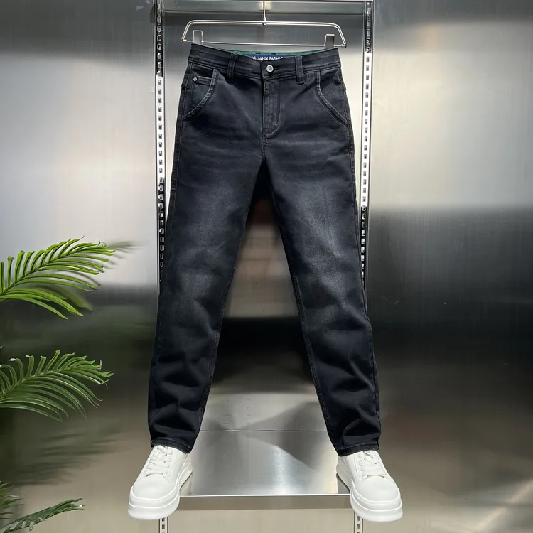 【高端】秋冬蓝色潮流欧美简约风水洗拉链牛仔裤韩版男装修身休闲风