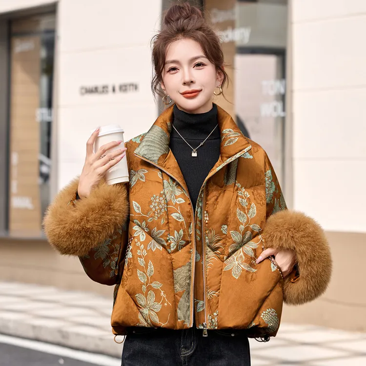 新中式国风羽绒服女2025冬季高级感复古提花气质狐狸毛白鸭绒外套