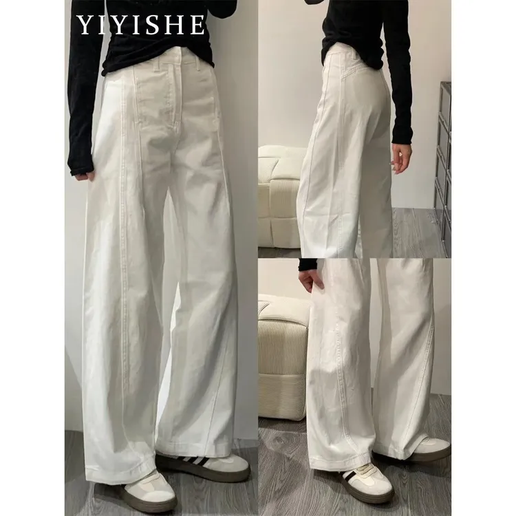 白色弯刀阔腿牛仔裤女春季新款美式高腰宽松镰刀直筒裤
