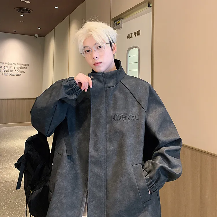 真维斯美式皮衣夹克外套男款春季高街复古立领机车服潮牌痞帅上衣