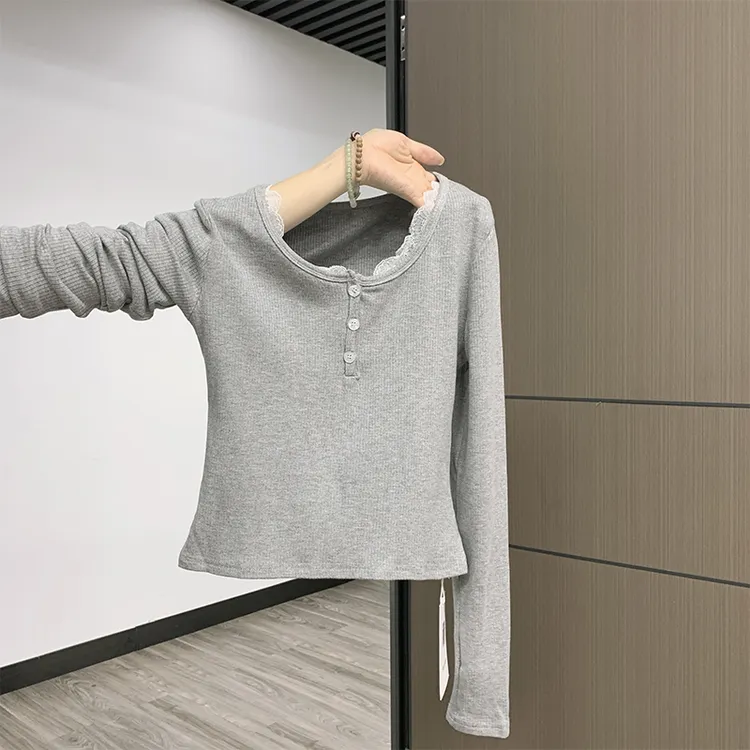 纯欲蕾丝花边bm风半开领长袖T恤女2025春秋季修身内搭上衣打底衫