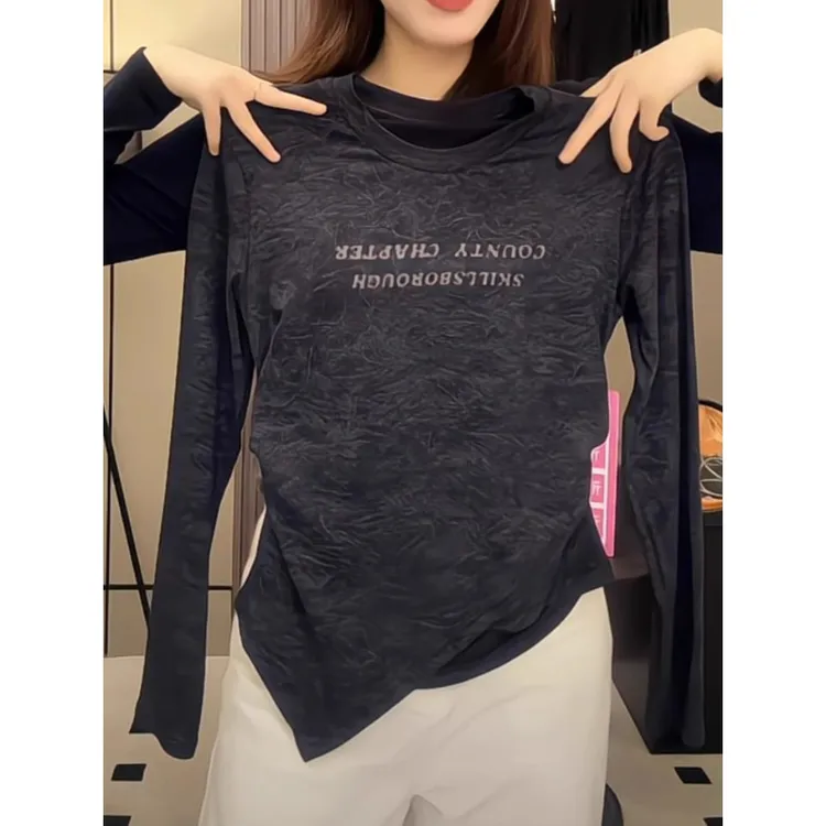 不规则扎染甜辣风正肩长袖T恤女2025早秋季新款印花字母收腰上衣