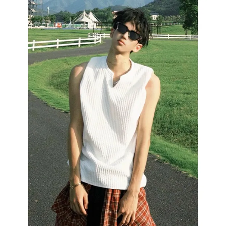 白色肌理感冰丝背心男夏季美式复古重磅修身运动坎肩潮牌无袖t恤