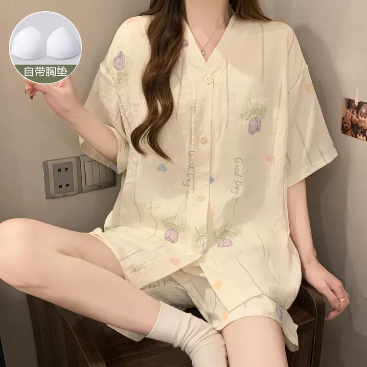 夏季带胸垫云朵棉睡衣女短袖短裤开衫甜美宽松女士睡衣家居服套装