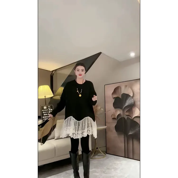 欧货蕾丝拼接毛衣长袖设计师网红长款百搭时尚宽松圆领气质高贵