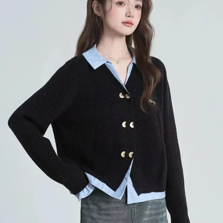 假两件秋冬新款慵懒风常规款POLO领毛针织衫女装时髦学院风191-4
