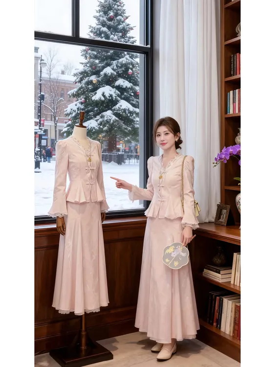 早秋巨好看的穿搭高级感小香风气质粉色蕾丝拼接衬衫半身裙套装女