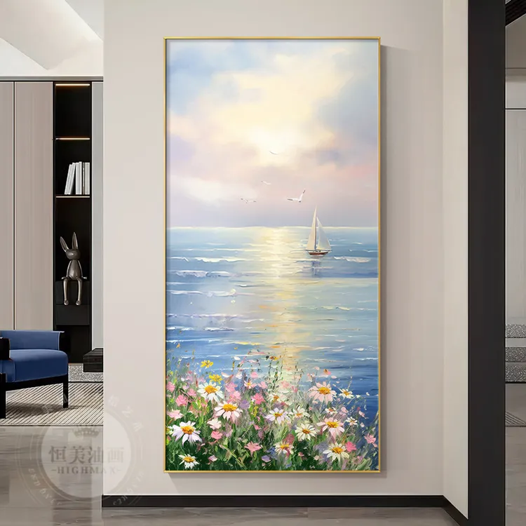 一帆风顺玄关画入户正对门走廊过道装饰画风景画手绘油画帆船挂画