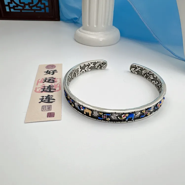 足银手镯 银9999手镯开口吉象珐琅浮雕复古民族风手工古法轻奢