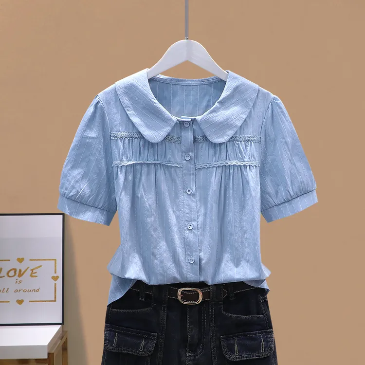 法式时尚娃娃短袖衬衫夏季2025设计新款上衣减龄显瘦小衫洋气衬衣