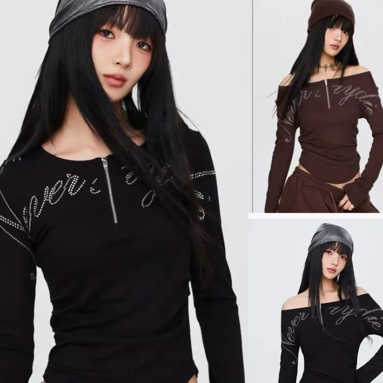 新丽-秋冬女上衣街舞潮牌一衣多穿烫钻字母针织T恤长袖-0925