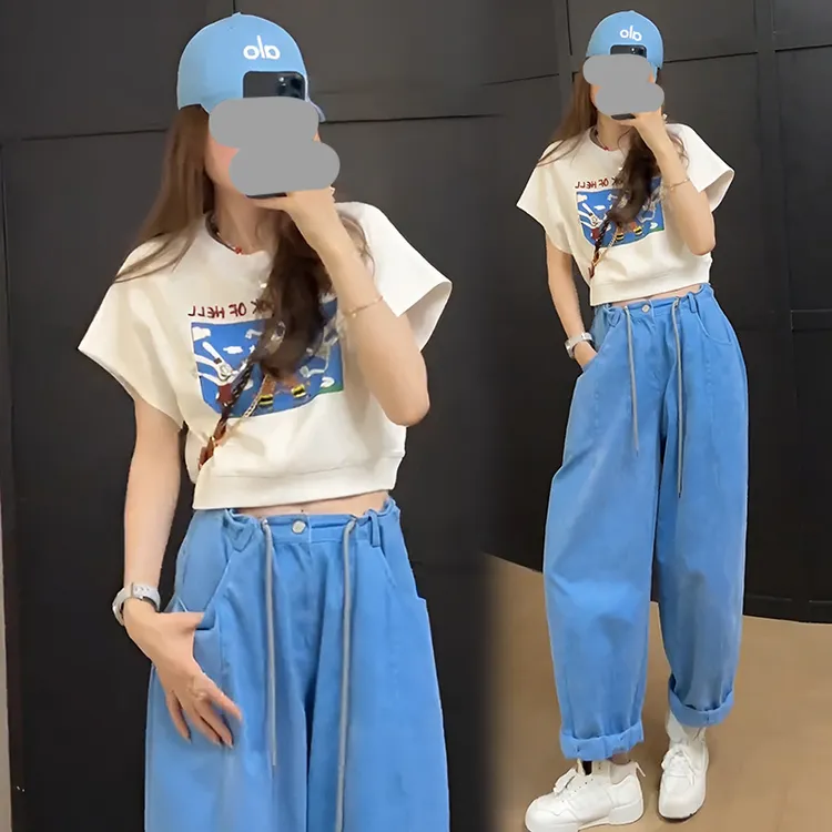 韩系复古印花T恤两件套女2025夏新款韩版宽松抽绳哈伦裤时尚套装