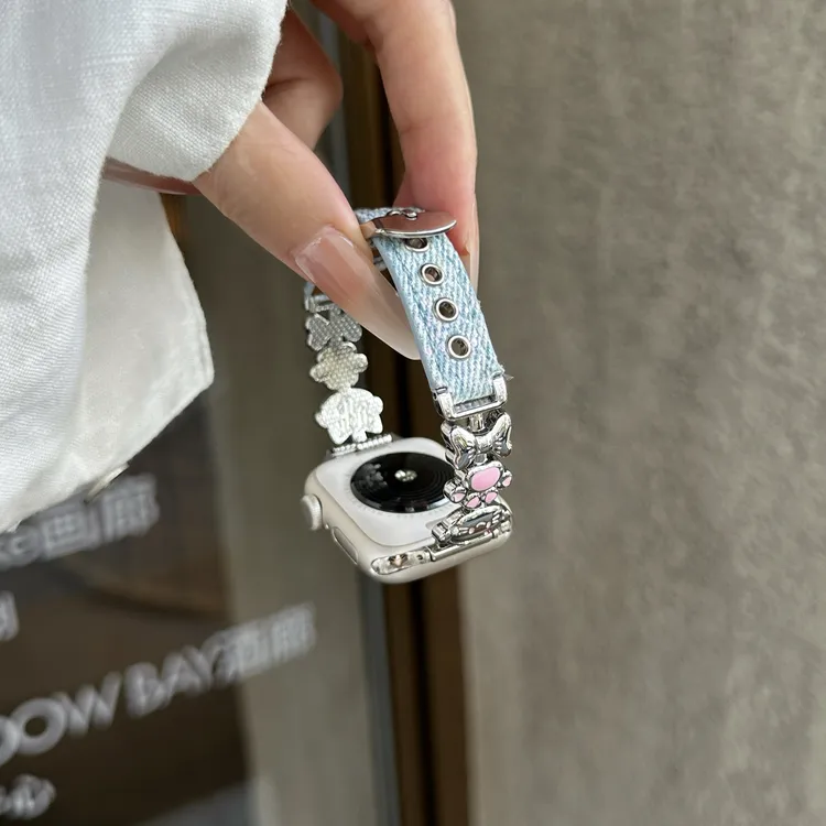 原创真皮猫爪适用iwatchs9牛仔表带苹果S11手表se3女款s10米9米10