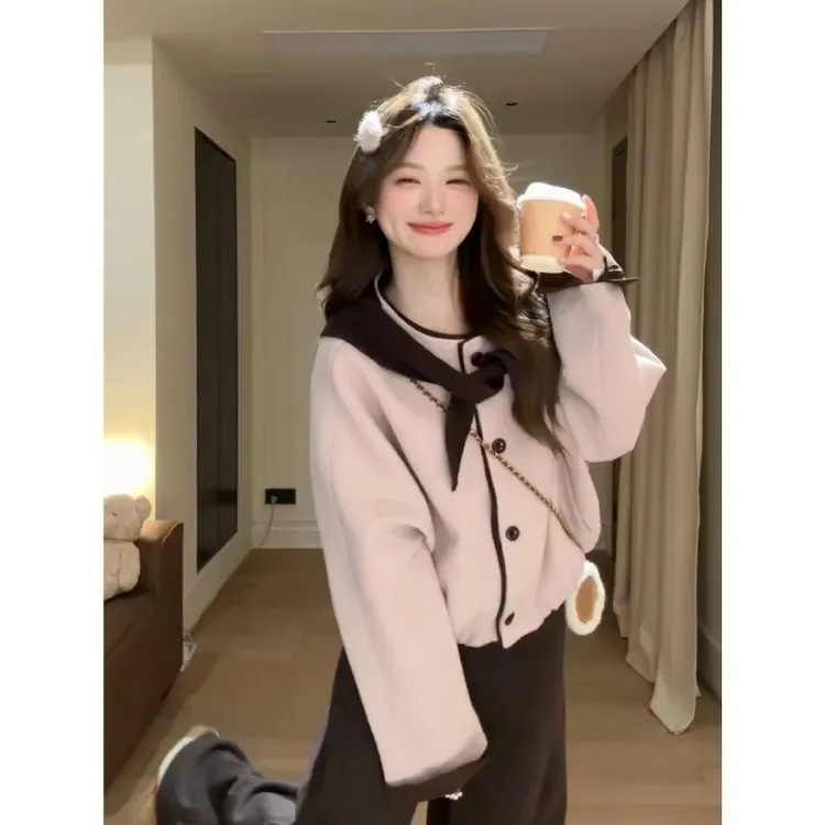 MARIE.COCO小香风蝴蝶结粉色毛呢外套女秋冬新款阔腿休闲裤两件套