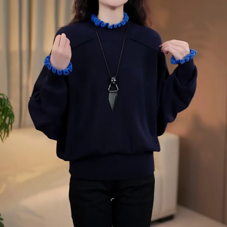 时尚轻奢韩版百搭打底上衣女2025秋冬新款洋气显瘦木耳花边针织衫