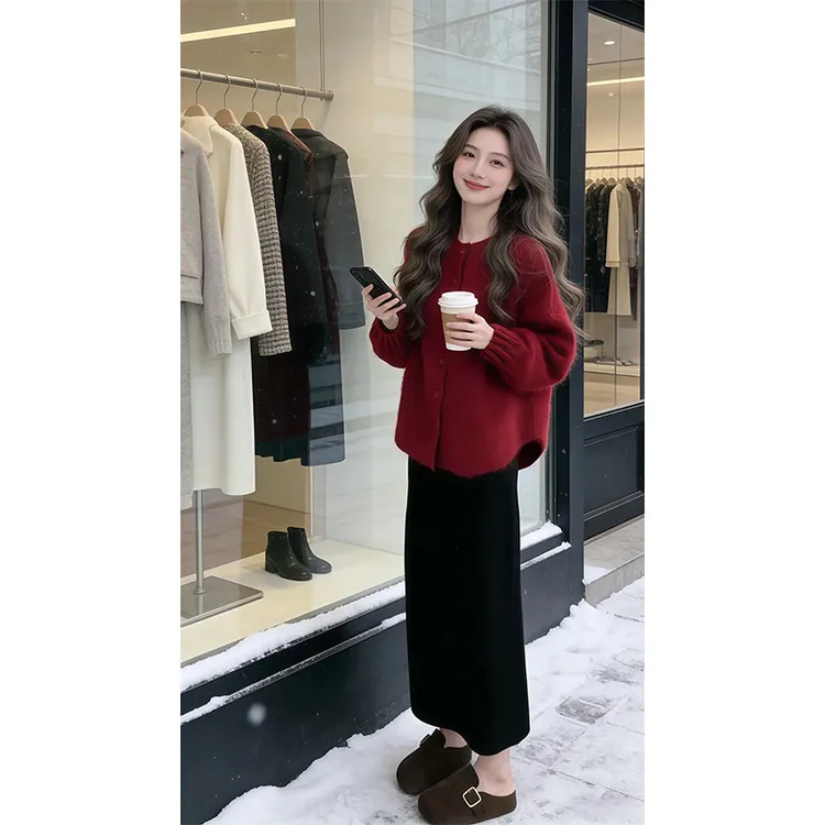 新年战袍冬季套装女小个子高级感圣诞穿搭红色针织毛衣半裙两件套