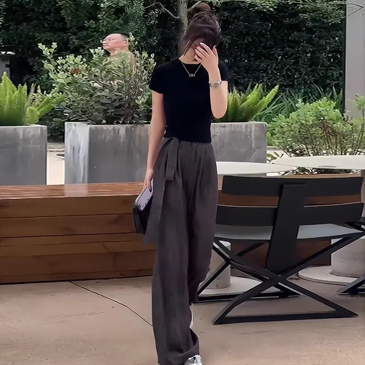 盐系轻熟两件套装气质百搭修身显瘦短袖T恤高腰系带休闲阔腿裤女