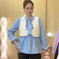 拼接蝴蝶结绑带衬衫马甲假两件上衣长袖秋季新款显瘦洋气大码女装