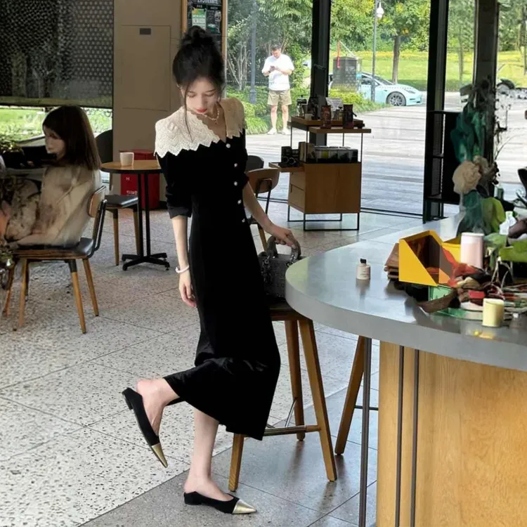 生日礼服平时可穿气质名媛长裙蕾丝拼接丝绒法式连衣裙秋季女装