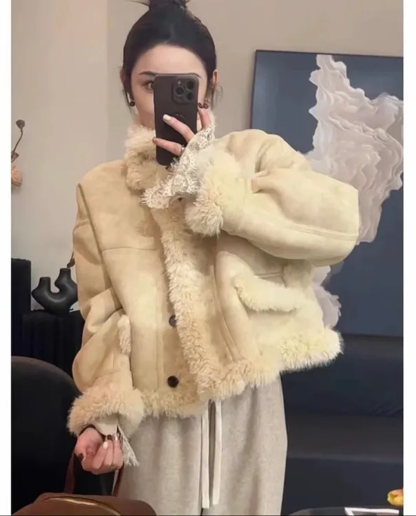 毛毛外套冬季女新款韩系超好看保暖小个子加厚皮毛一体外套