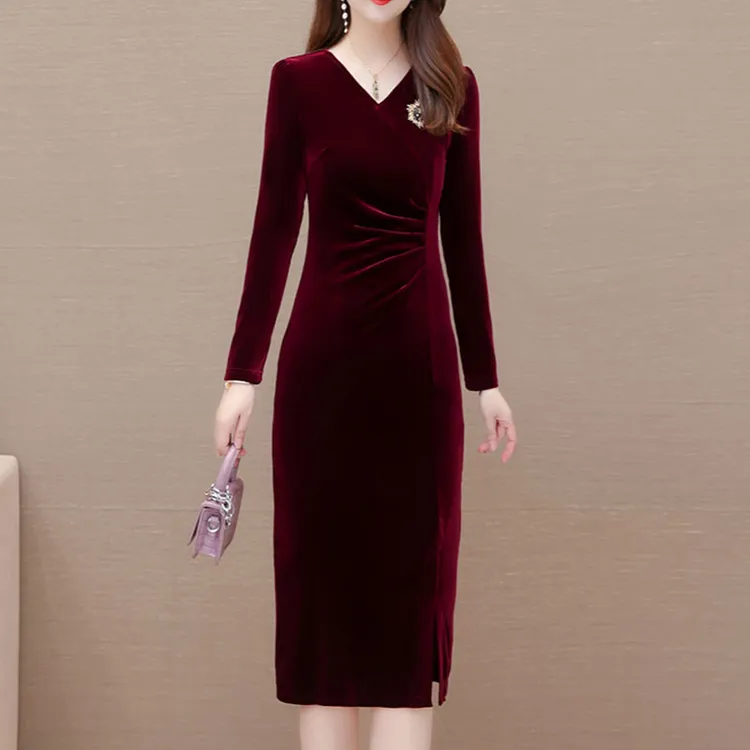 高端喜婆婆婚宴装礼服金丝绒高档长袖连衣裙女春秋款高贵洋气妈妈