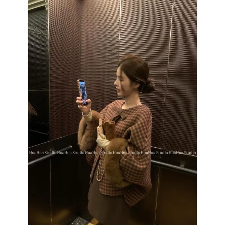 【花花】古堡少女~焦糖玛奇朵格纹双面呢狐狸毛斗篷羊毛呢外套大衣