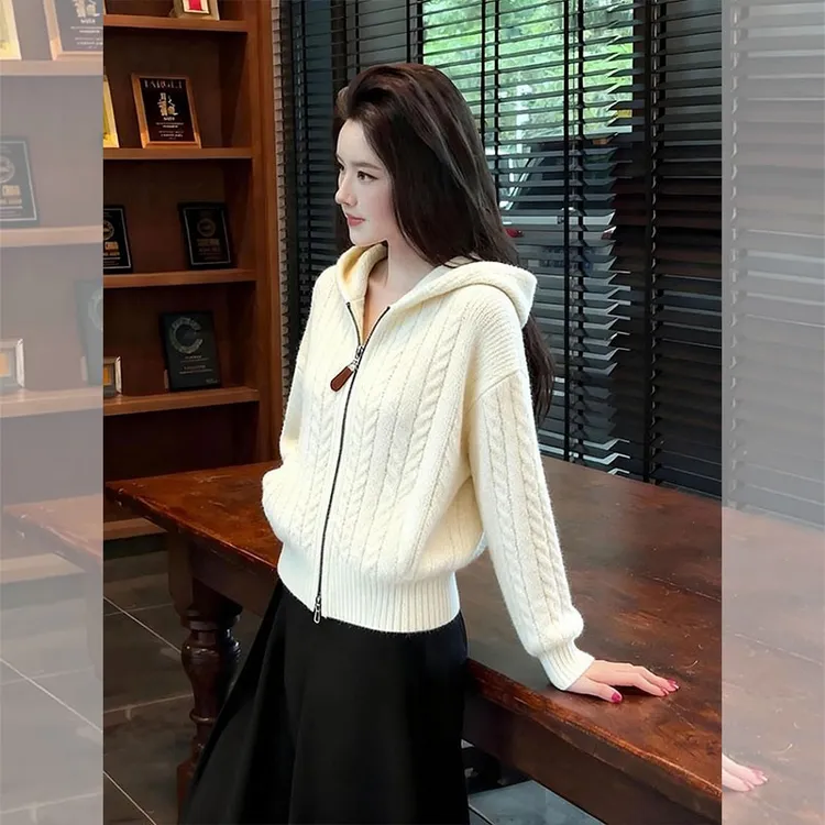 秋冬新款气质轻熟风针织连帽开衫外套女时尚百搭洋气减龄别致上衣