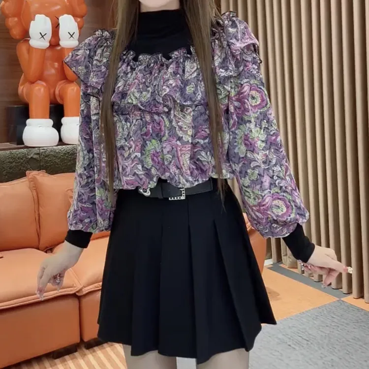 拼接短款常规款木耳半高领打底衫印花显瘦百搭时尚