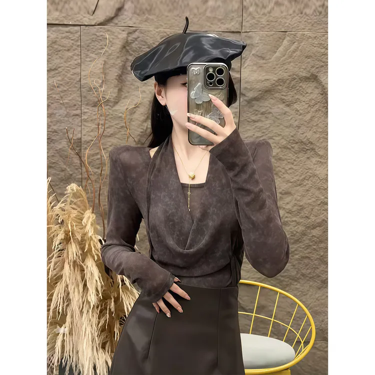 纯欲荡领印花挂脖长袖衬衫女2025早秋新款修身显瘦小众设计感上衣